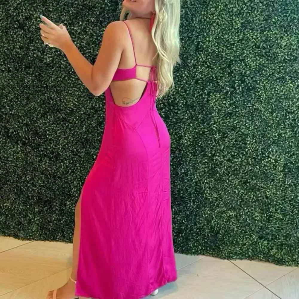 Manning Cartell Pink Satin Maxi Slip Dress Size 4 Barbie Slit Cocktail Gown $500 - Picture 9 of 9